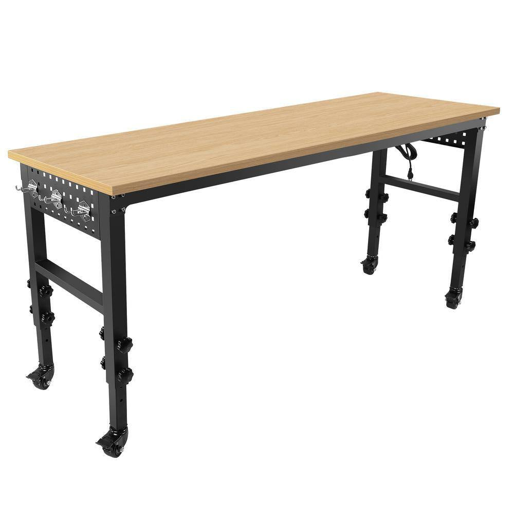 72 In. W X 24 In. D Black Heavy Duty Load Capacity Hardwood Workbench Table with Power Outlet