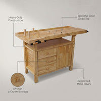 50 In. Wood Workbench Woodworking Bench with 3-Drawers — infographic