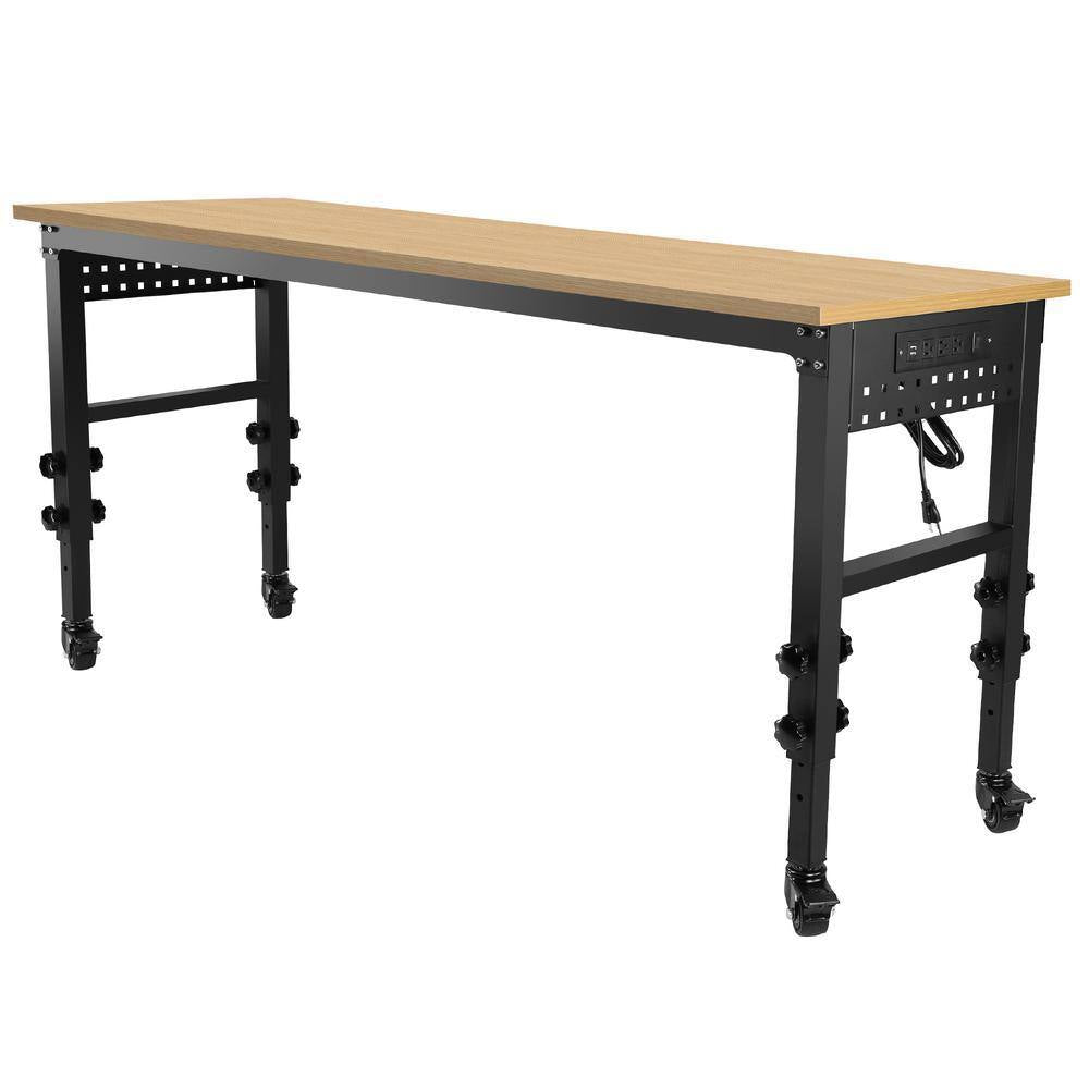 72 In. W X 24 In. D Black Heavy Duty Load Capacity Hardwood Workbench Table with Power Outlet