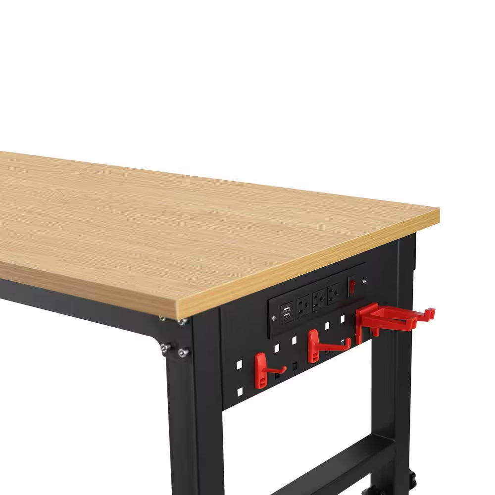 72 In. W X 24 In. D Black Heavy Duty Load Capacity Hardwood Workbench Table with Power Outlet