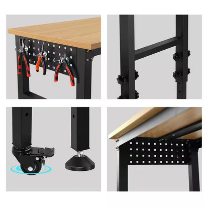 72 In. W X 24 In. D Black Heavy Duty Load Capacity Hardwood Workbench Table with Power Outlet