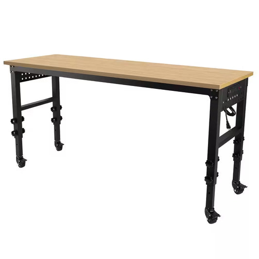 72 In. W X 24 In. D Black Heavy Duty Load Capacity Hardwood Workbench Table with Power Outlet