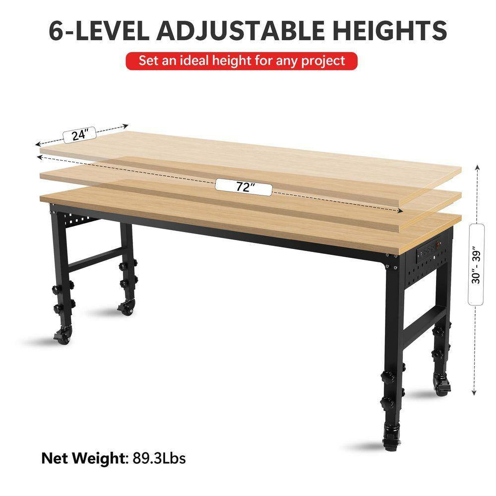 72 In. W X 24 In. D Black Heavy Duty Load Capacity Hardwood Workbench Table with Power Outlet