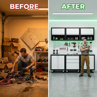 Garage Cabinet System | Heavy Duty Steel All-In-One Modular Garage Cabinet Set for Ultimate Workshop Organization | Easy Assembly Garage Storage Cabinets & Tool Bench — Before & After