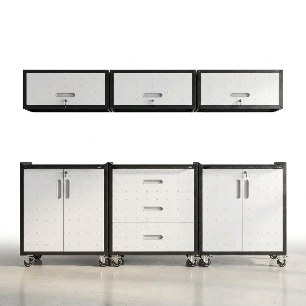 Garage Cabinet System | Heavy Duty Steel All-In-One Modular Garage Cabinet Set for Ultimate Workshop Organization | Easy Assembly Garage Storage Cabinets & Tool Bench — Studio Shot