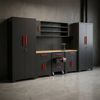 Garage Storage Cabinets System, 8-Pcs Workshop Cabinet Set in Black, Included Steel Cabinets Drawers Rolling Chest and Pegboard,Locked Garage Storage Cabinet — Studio Shot