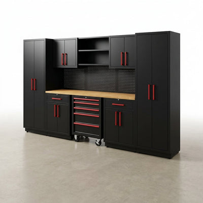 Garage Storage Cabinet System Built for Heavy-Duty Organization, 8-Piece Workshop Set, Pegboard, Rolling Chest