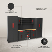 Garage Storage Cabinets System, 8-Pcs Workshop Cabinet Set in Black, Included Steel Cabinets Drawers Rolling Chest and Pegboard,Locked Garage Storage Cabinet — infographic
