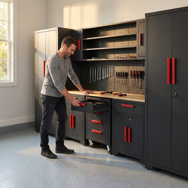 Garage Storage Cabinet System Built for Heavy-Duty Organization, 8-Piece Workshop Set, Pegboard, Rolling Chest