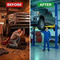 Two-Post Car Lift Built for Heavy-Duty Vehicle Maintenance, 12,000 Lb Capacity, 220V 4HP Motor, Single-Point Lock — Before & After