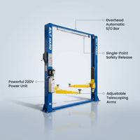 Two-Post Car Lift Built for Heavy-Duty Vehicle Maintenance, 12,000 Lb Capacity, 220V 4HP Motor, Single-Point Lock — infographic